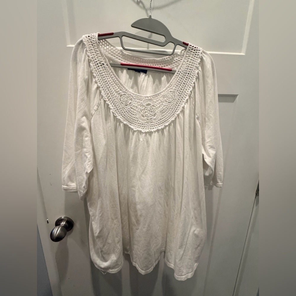 Ellos Ivory Crochet Boho Peasant Top XL 3/4 Sleeve Cotton Modal